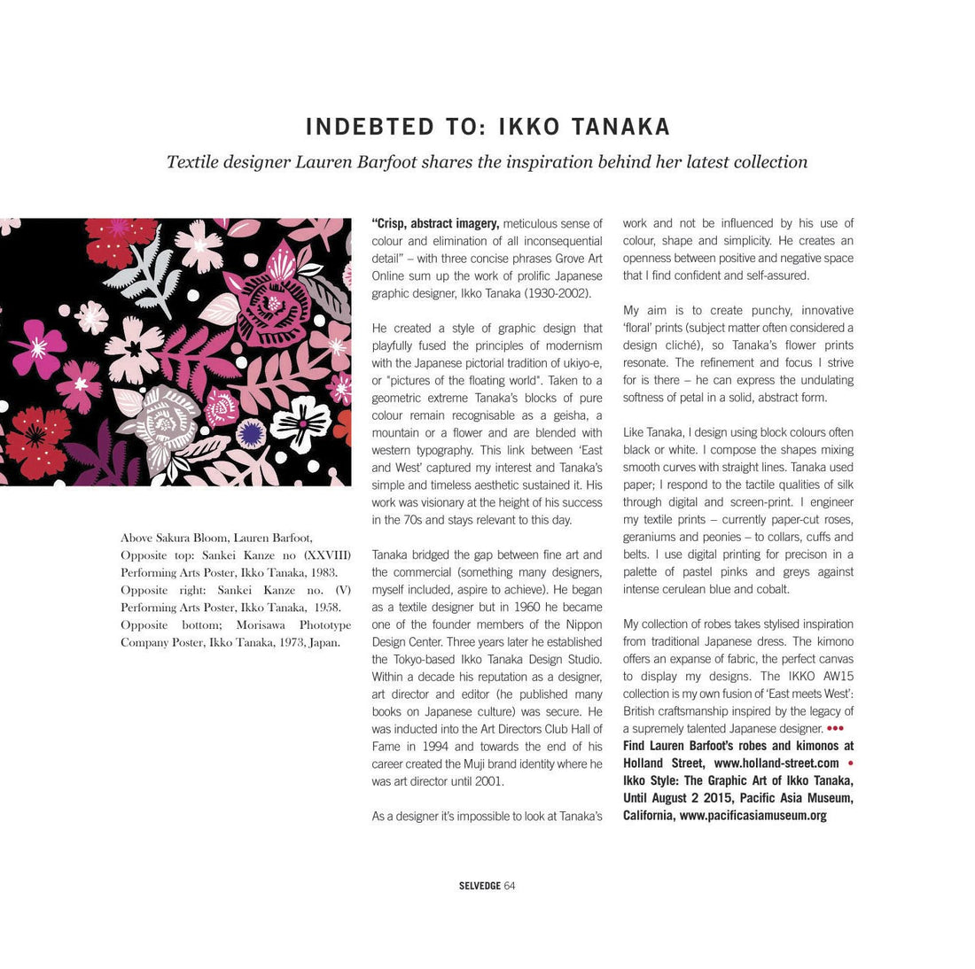 Holland Street's founder Lauren Barfoot writes about Ikko Tanaka in Selvedge Magazine. Archived 2015