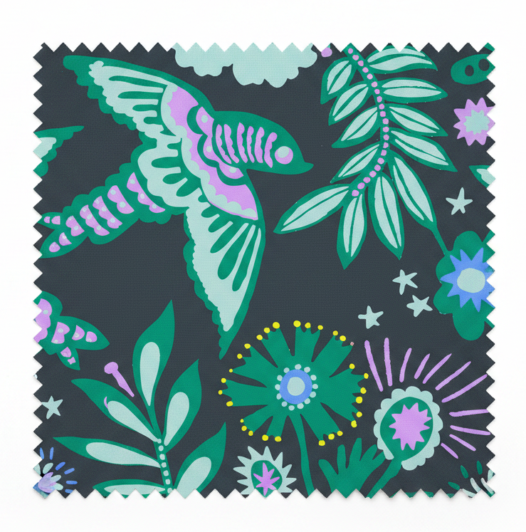 A hand‑drawn Holland Street “Park Life” pattern printed on linen and wallpaper, featuring birds, boats, and flowers in dark grey, purple, yellow and green tones, designed in Britain.