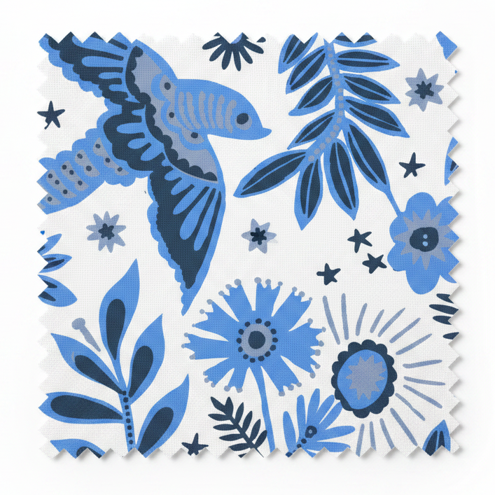 A hand‑drawn Holland Street “Park Life” pattern printed on linen and wallpaper, featuring birds, boats, and flowers in fresh blue, navy, and grey tones, designed in Britain.