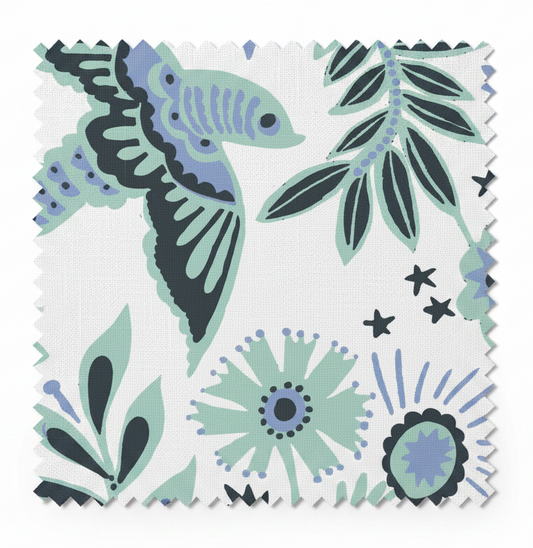 A hand‑drawn Holland Street “Park Life” pattern printed on linen and wallpaper, featuring birds, boats, and flowers in dark blue, white and pale blue tones, designed in Britain.