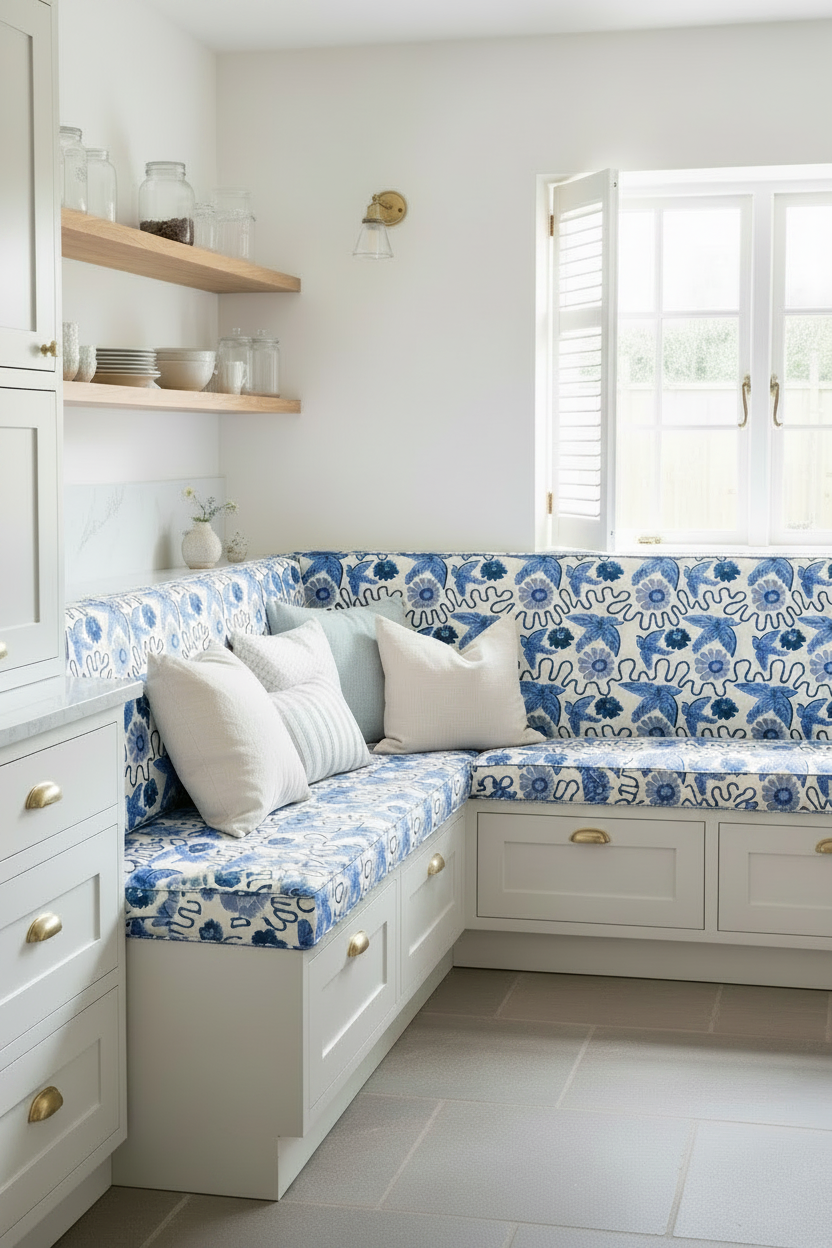 Classic Hamptons kitchen nook with a blue and white patterned Linen from Holland Street London on bench and cushions.