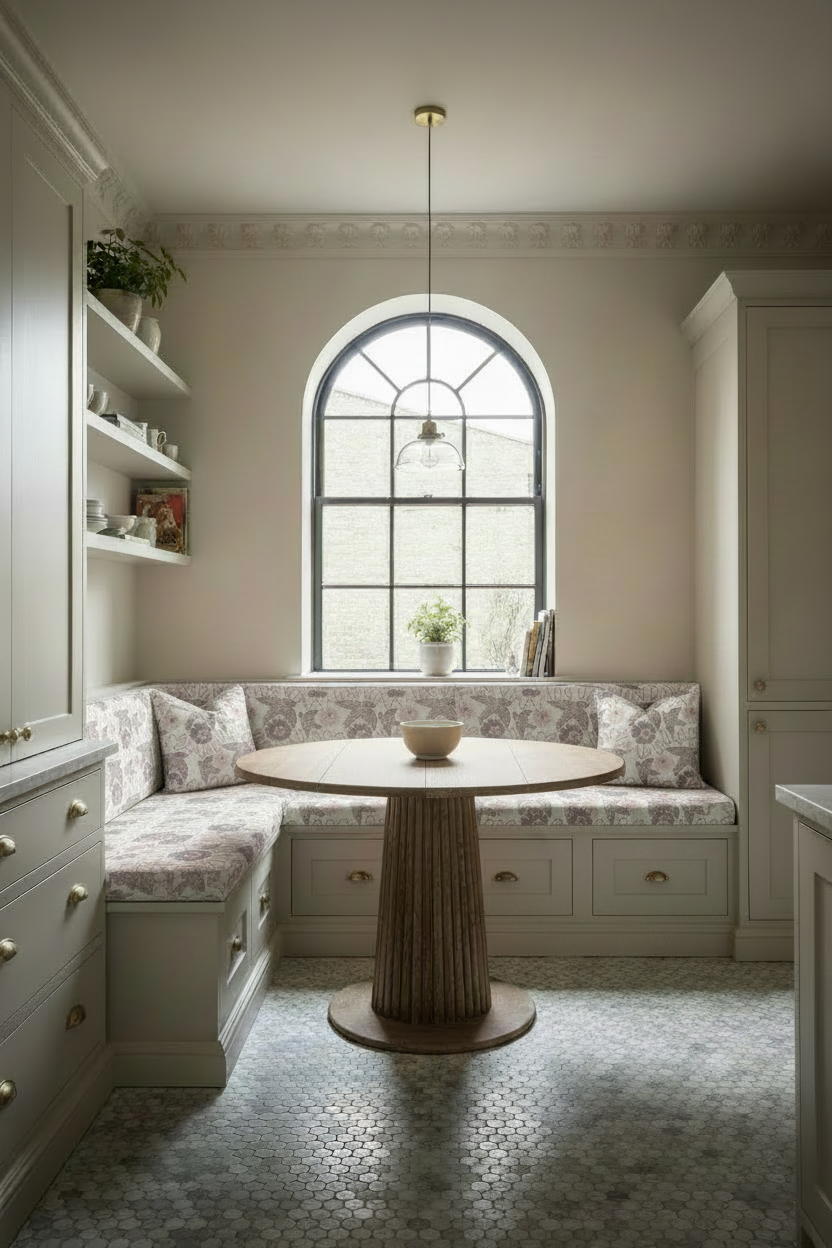 A classic cream-colored built-in corner banquette seating unit with floral-patterned Holland Street cushions, a round wooden pedestal table, and a tall arched window above.