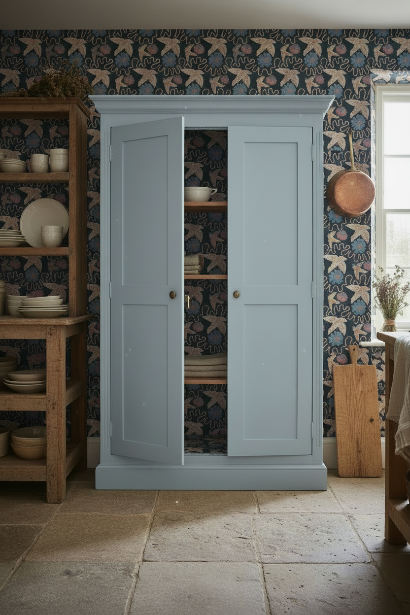 Light blue wardrobe with open doors in a room with floral Holland Street wallpaper and wooden shelves. The print is made up of birds swooping and is rhythmic and emotive for any wall.