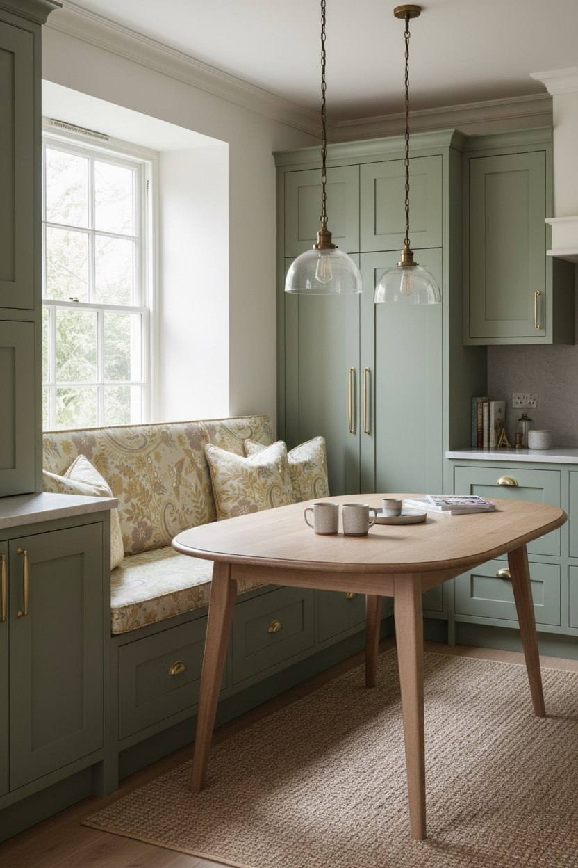 A hand‑drawn Holland Street “Park Life” pattern printed on linen banquet seating in a deVOL kitchen, featuring birds, boats, and flowers in yellow, cream and grey tones, designed in Britain.