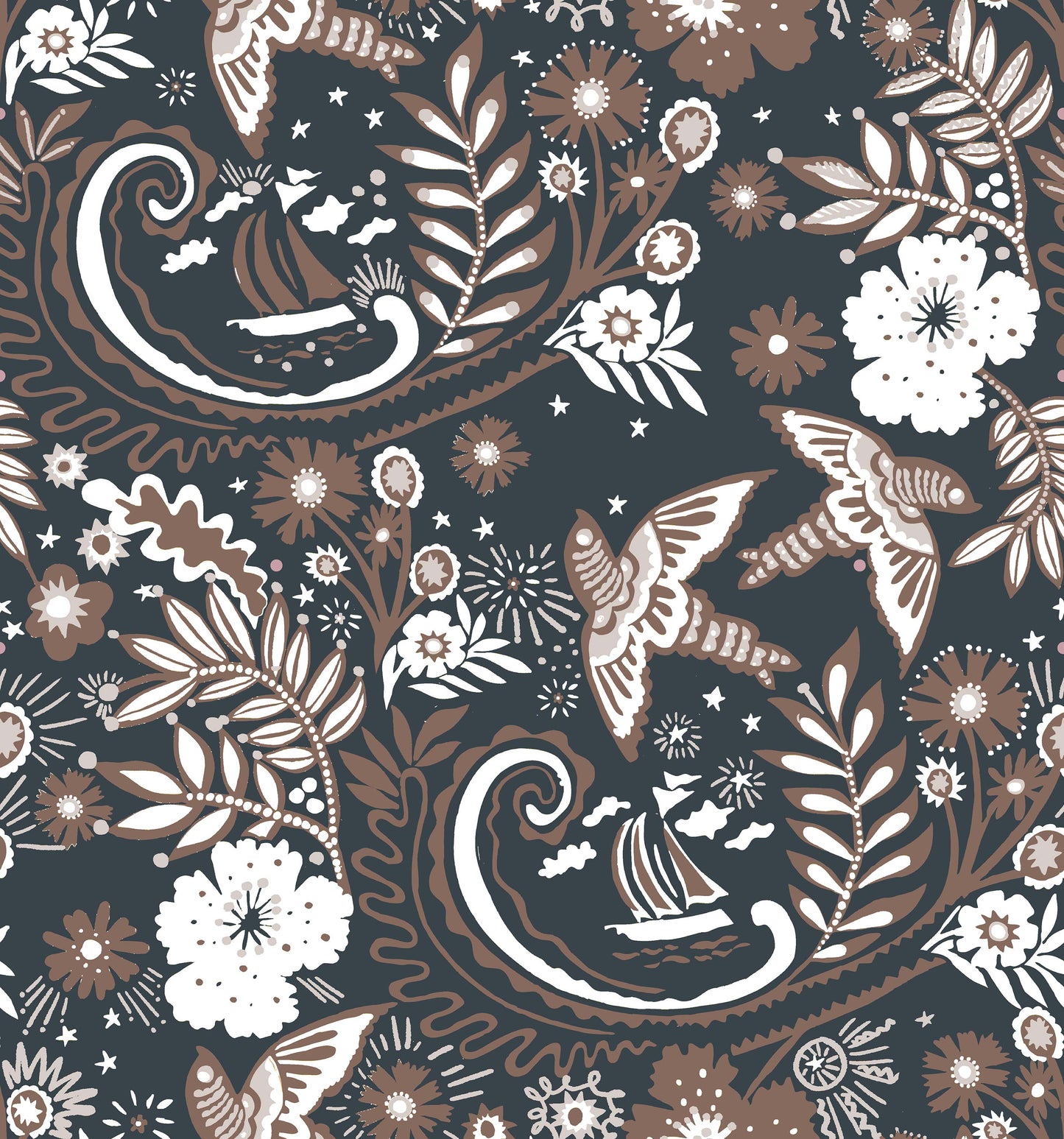 A hand‑drawn Holland Street “Park Life” pattern printed on linen and wallpaper, featuring birds, boats, and flowers in black, brown, white and cream tones, designed in Britain.