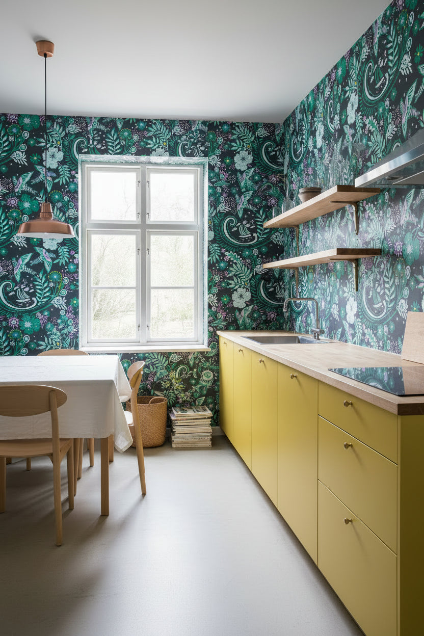 A hand‑drawn Holland Street “Park Life” pattern printed on linen and wallpaper, featuring birds, boats, and flowers in dark grey, purple, yellow and green tones, designed in Britain.