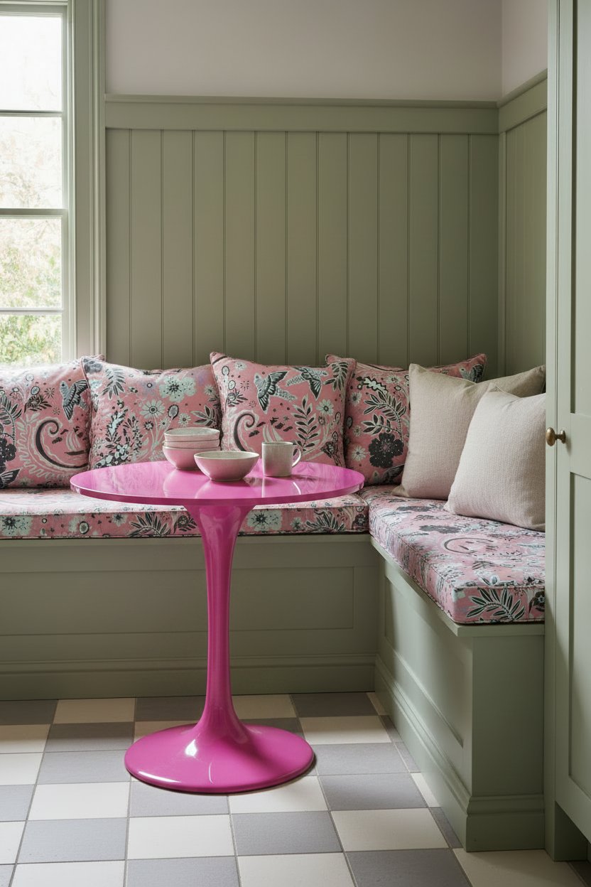 A hand‑drawn Holland Street “Park Life” pattern printed on linen cushions in a deVOL kitchen nook. The fabric features birds, boats, and flowers in dark blue, white and pale blue tones, designed in Britain.