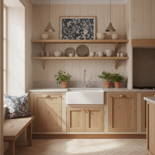 A wooden kitchen room with a cushion in the hand‑drawn Holland Street “Park Life” pattern printed on linen, featuring birds, boats, and flowers in soft blue, cream and pink tones, designed in Britain.
