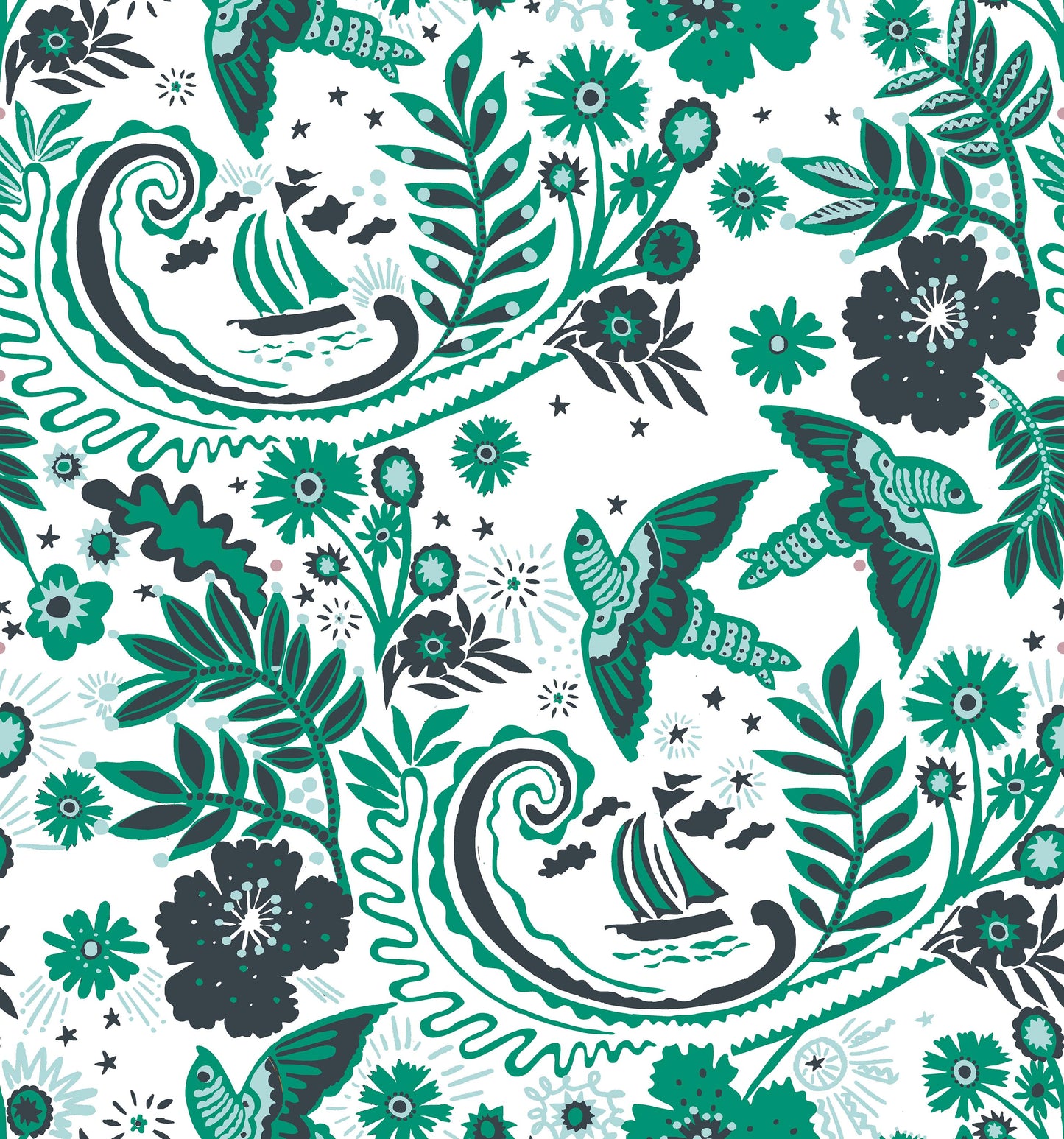 A hand‑drawn Holland Street “Park Life” pattern printed on linen and wallpaper, featuring birds, boats, and flowers in dark grey, white and green tones, designed in Britain.