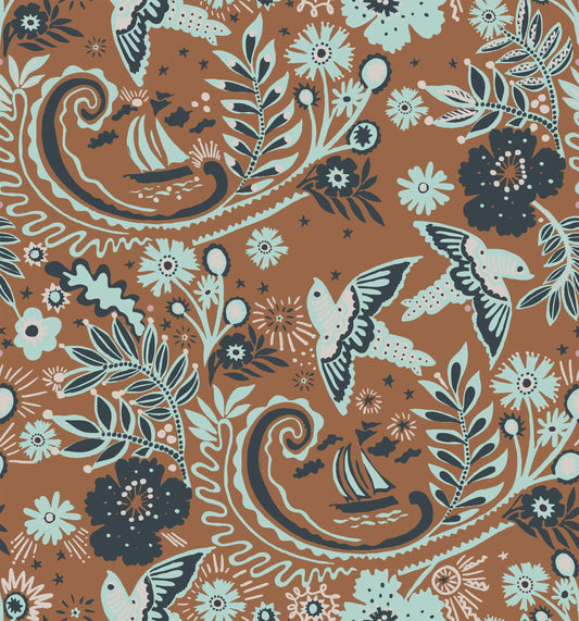 A hand‑drawn Holland Street “Park Life” pattern printed on linen and wallpaper, featuring birds, boats, and flowers in brown, blue, and dark grey tones, designed in Britain.