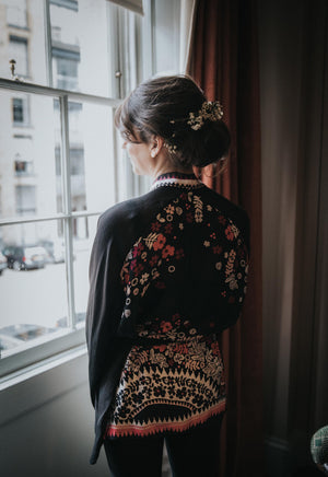 Beth's bespoke Azalea Kimono for the wedding at Marylebone Town Hall, London 2019.