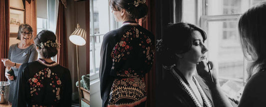 three images of bride getting ready for wedding in a kimono