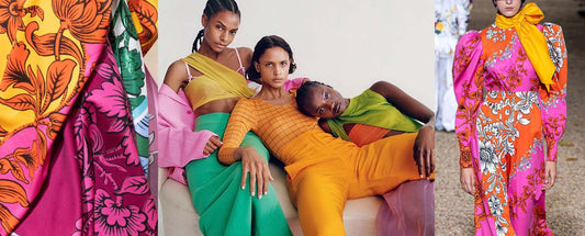 models wearing printed orange fabric, daring and radiant