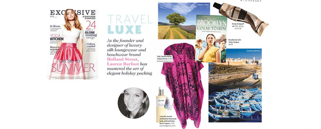Magazine Interview page, photos of kaftan, holiday in Morocco and Aesop Handcream