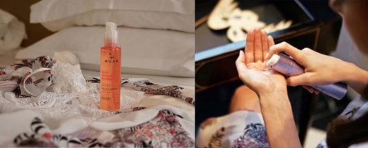 Bottle of nuxe skincare cream, being poured out into hand