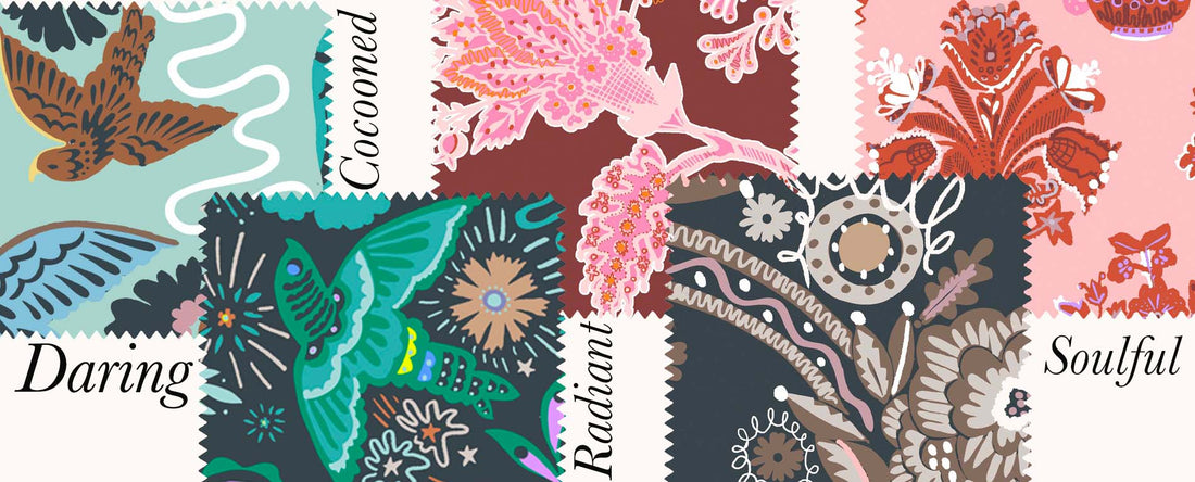 5 fabric swatches with pattern inside. plus text