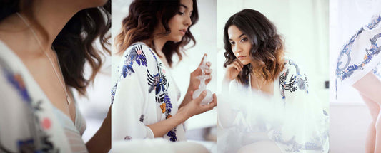4 images of a women wearing a while silk kimono applying perfume in one of the photos