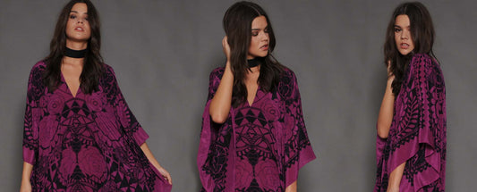 printed pink kaftan worn in 3 different poses