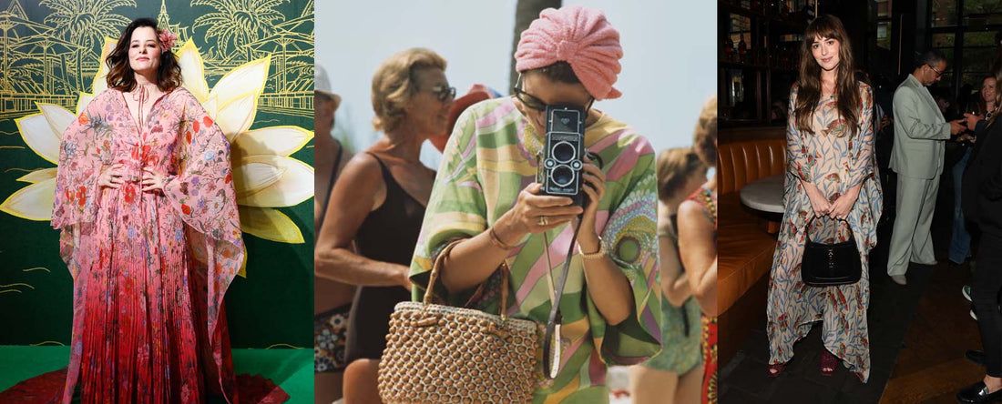 Three images of women wearing long flowing silk kaftans