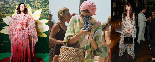 Three images of women wearing long flowing silk kaftans