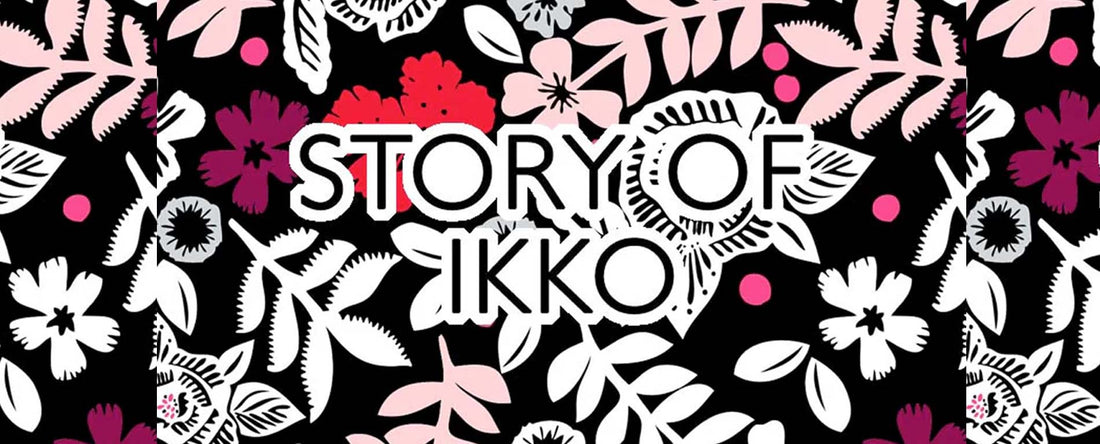 floral print, black background. the words story of ikko in bold text