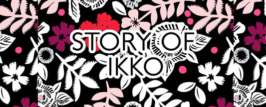 floral print, black background. the words story of ikko in bold text