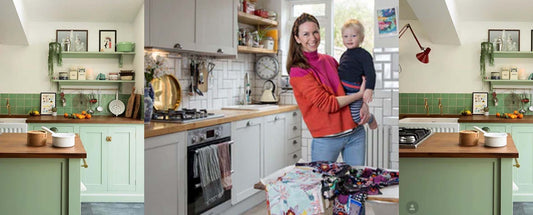 green kitchen images and lady standing in room
