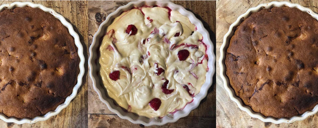 three images of a white fluted dish with apple and raspberry cake inside on a wooden table