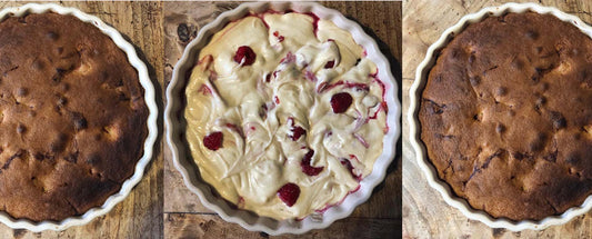 three images of a white fluted dish with apple and raspberry cake inside on a wooden table