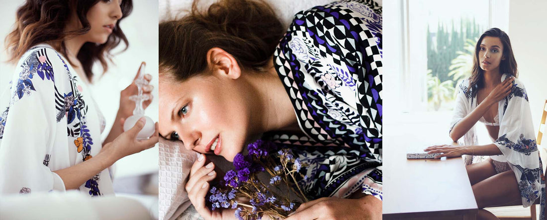 Three photos of women wearing printed silk loungewear robes and kimonos