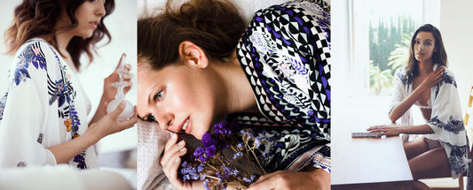 Three photos of women wearing printed silk loungewear robes and kimonos