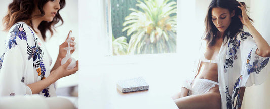 Model Wearing a white and printed silk kimono wrap top with a white bra and knickers