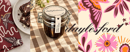 Daylesford Organic and Bamford. White Chocolate brownies with Holland Street Table Clothes and NAPKINS