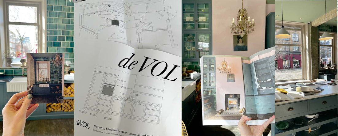 A moodboard‑style arrangement banner of plans, colour samples and inspiration images for your future kitchen.