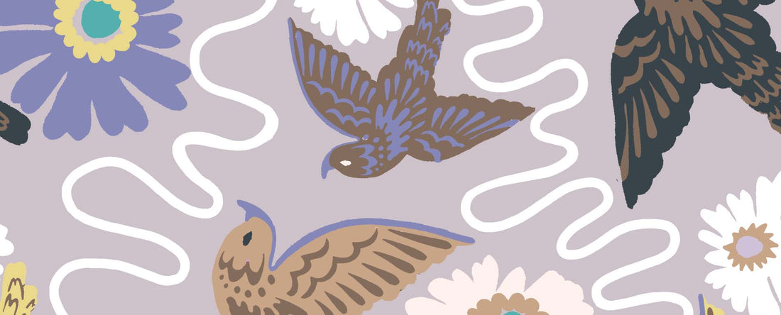 Birds Dancing around with a white wiggle pattern through