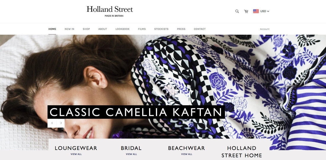 A snapshot of the Holland Street Website.Holland Street Customer lying down where a silk kaftan
