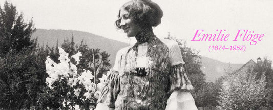A black and white image of Emilie Floge a designer. the image has pink text with her name and birth and death year 1874- 1952