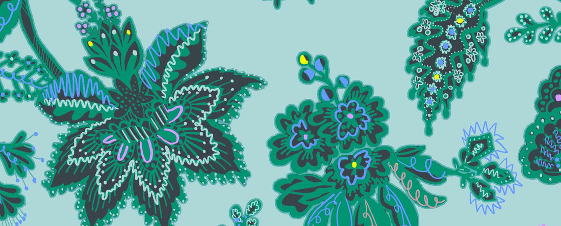 Montacute fabric, floral shapes and leaves, in blues