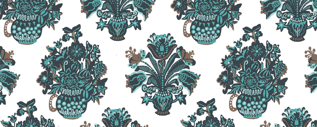 Vases in row in blue and dark grey