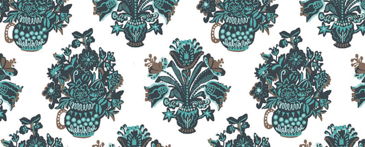 Vases in row in blue and dark grey