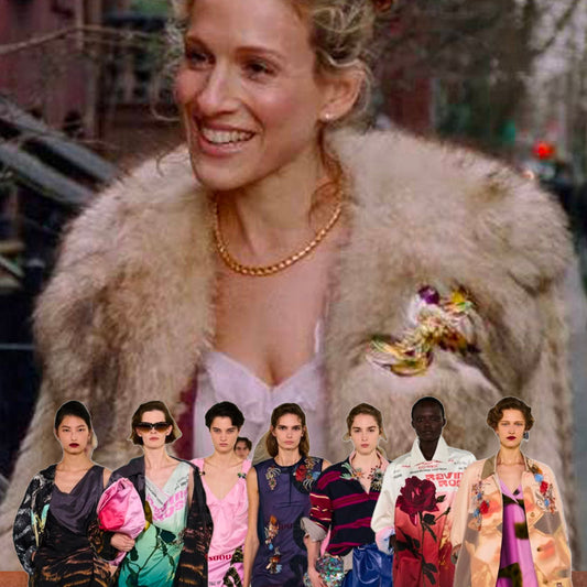 Dries Van Noten SS27 bird brooch and Carrie Bradshaw first wearing it in 2001 Spring Summer