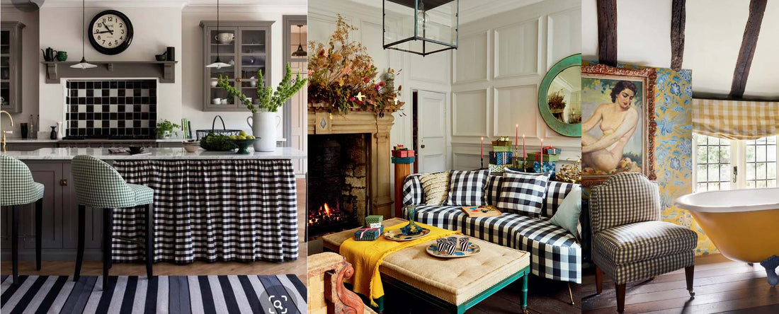 Three interior scenes with black and white gingham fabric in blinds and curtains