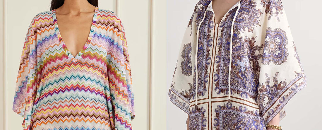 two kaftans on models close up on prints on chest