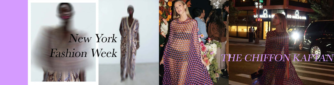 Whitney Port wearing a Dries Van Noten chiffon kaftan at New York Fashion Week