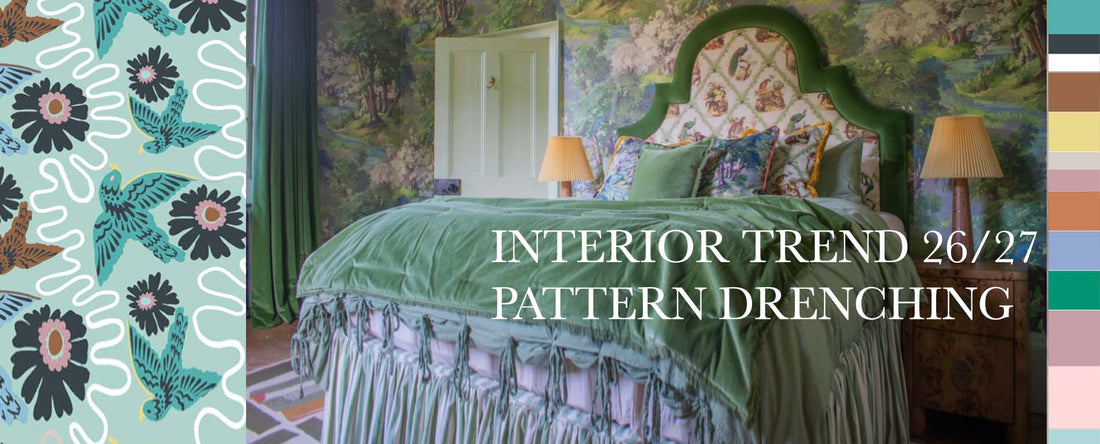 a bedroom with lots of pattern on the walls, bedhead and floor