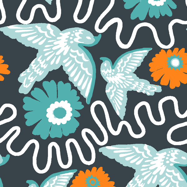 Holland Street Flight Print. A Pattern with birds, flowers, and wavy lines on a dark background, rhythmic and emotive for any interior space, wallpaper and linen available. 