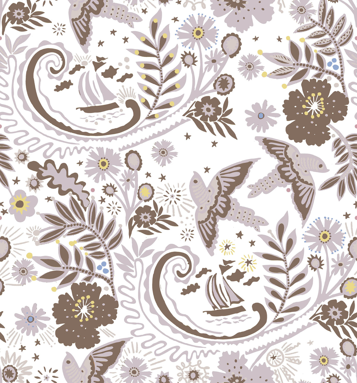 A hand‑drawn Holland Street “Park Life” pattern printed on linen and wallpaper, featuring birds, boats, and flowers in grey, brown and pale yellow tones, designed in Britain.