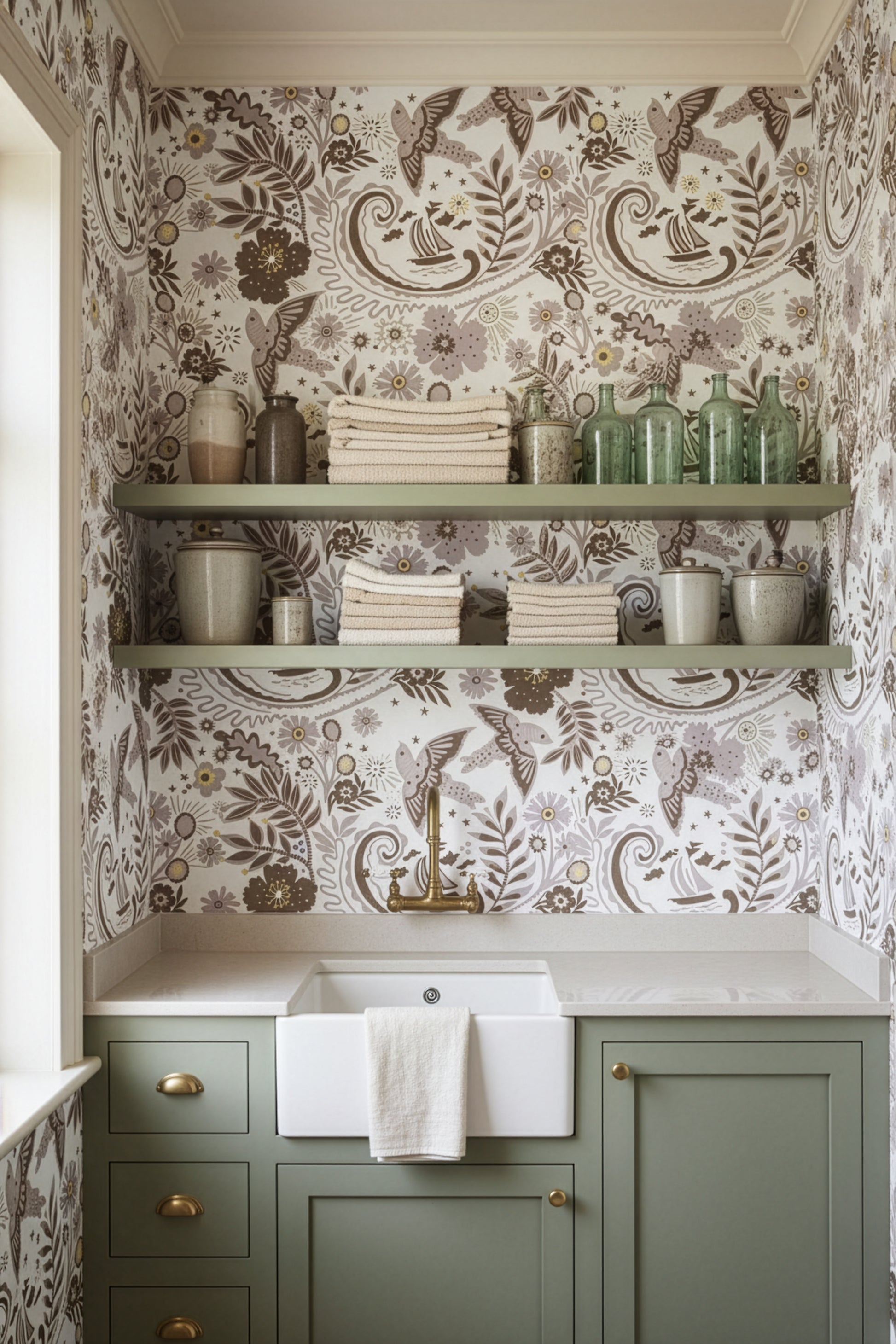 A hand‑drawn Holland Street “Park Life” pattern printed on linen and wallpaper, featuring birds, boats, and flowers in grey, brown and pale yellow tones, designed in Britain.