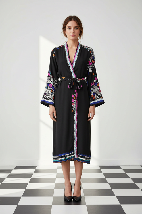 A woman stands in a studio wearing a black wrap silk robe with colourful floral print and geometric trim, paired with black heels, against a white wall and black-and-white checkered floor, from Holland Street London