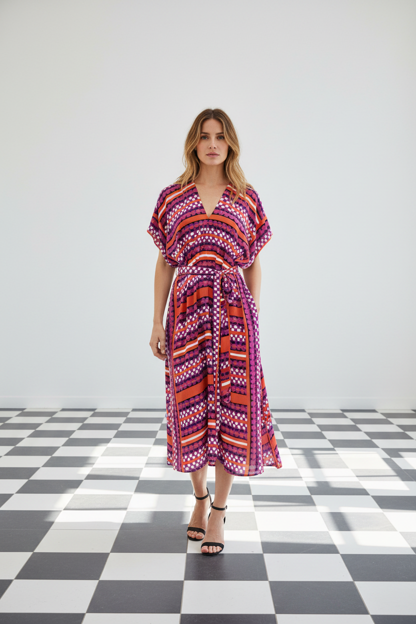 A woman modeling a short-sleeve midi silk wrap dress with a vibrant geometric pattern in purple, orange, red, and white, standing on a black and white checkered floor against a light grey background, from Holland Street London.